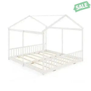 Double Floor Bed for Twins House Beds with Safety Guardrails for 2 Kids-White Toddler Beds