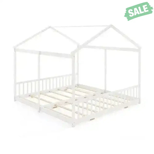 Double Floor Bed for Twins House Beds with Safety Guardrails for 2 Kids-White Toddler Beds
