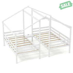 Double Twin Size Wooden Bed Frames with Built-in Table for Kids-White Toddler Beds