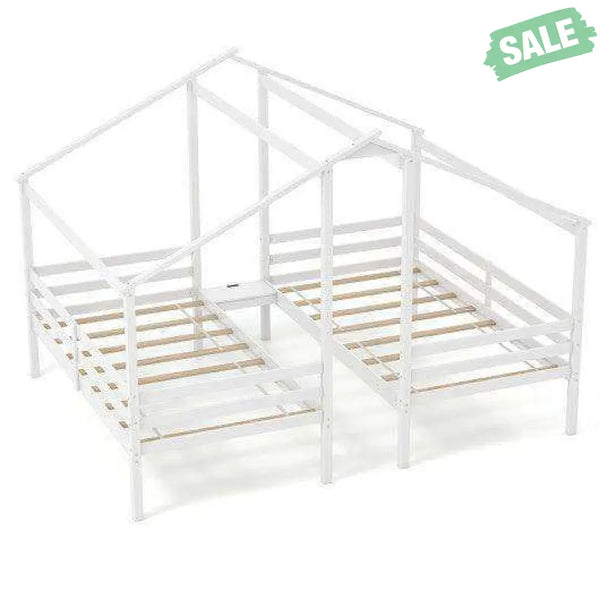Double Twin Size Wooden Bed Frames with Built-in Table for Kids-White Toddler Beds