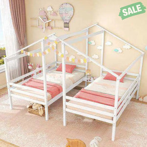 Double Twin Size Wooden Bed Frames with Built-in Table for Kids-White Toddler Beds