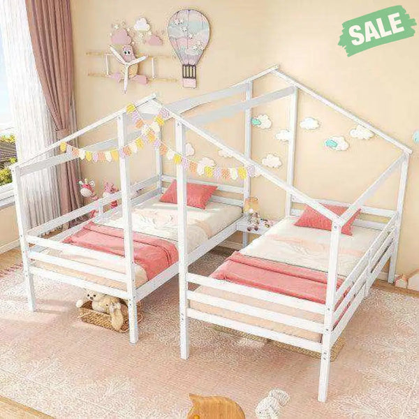 Double Twin Size Wooden Bed Frames with Built-in Table for Kids-White Toddler Beds