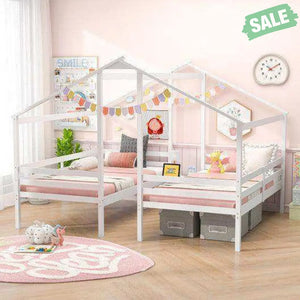 Double Twin Size Wooden Bed Frames with Built-in Table for Kids-White Toddler Beds