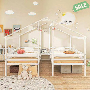 Double Twin Size Wooden Bed Frames with Built-in Table for Kids-White Toddler Beds