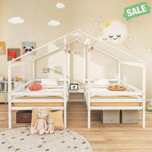 Double Twin Size Wooden Bed Frames with Built-in Table for Kids-White Toddler Beds