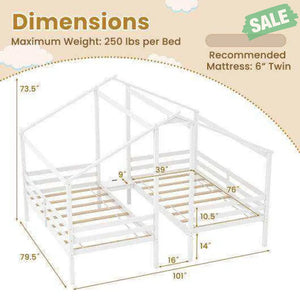 Double Twin Size Wooden Bed Frames with Built-in Table for Kids-White Toddler Beds