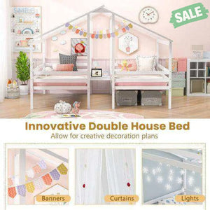 Double Twin Size Wooden Bed Frames with Built-in Table for Kids-White Toddler Beds