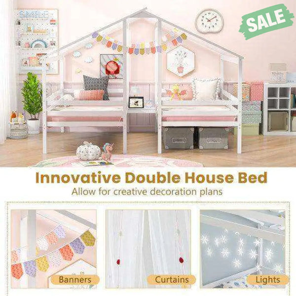 Double Twin Size Wooden Bed Frames with Built-in Table for Kids-White Toddler Beds