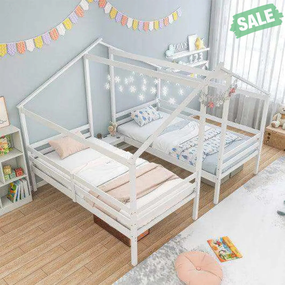 Double Twin Size Wooden Bed Frames with Built-in Table for Kids-White Toddler Beds