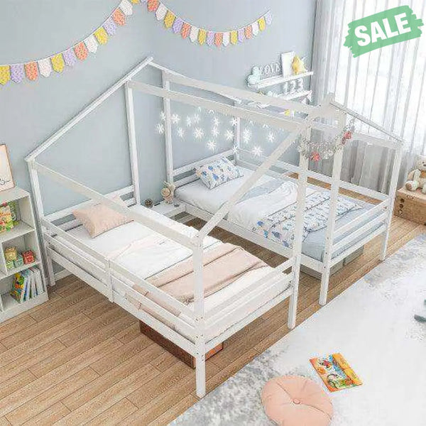 Double Twin Size Wooden Bed Frames with Built-in Table for Kids-White Toddler Beds