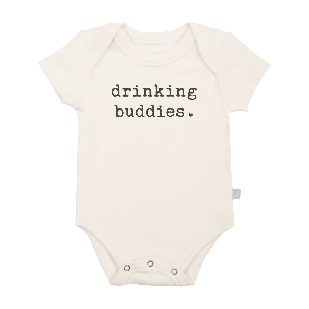 "Graphic short sleeve bodysuit for babies featuring 'drinking buddies' design, perfect for playful outfits."