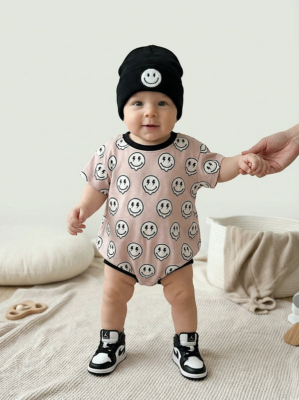 Short Sleeve Bubble Romper in Electric Drippy design, perfect for stylish baby outfits. Angle 3 view.