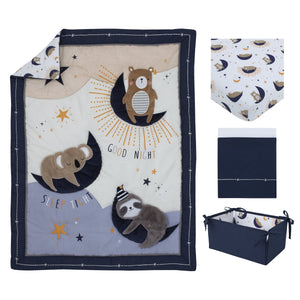 Goodnight Sleep Tight White and Blue Koala, Sloth, Bear, Star, and Moon 4 Piece Nursery Crib Bedding Set - Comforter, 100% Cotton Fitted Crib Sheet, Crib Skirt, and Storage