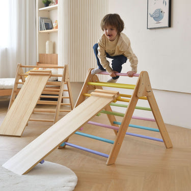Olive Pikler Triangle Ladder and Climber Slide for indoor play, available in multiple sizes for toddlers.