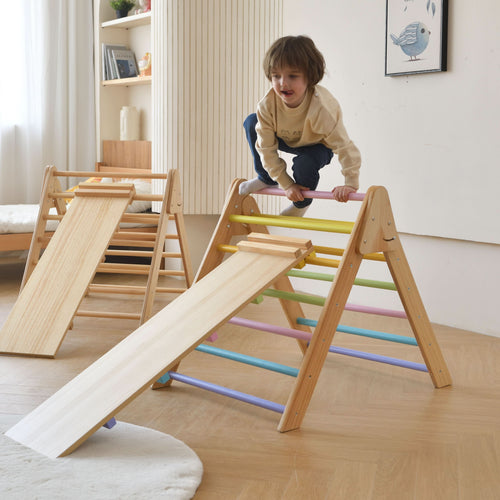 Olive Pikler Triangle Ladder and Climber Slide for indoor play, available in multiple sizes for toddlers.