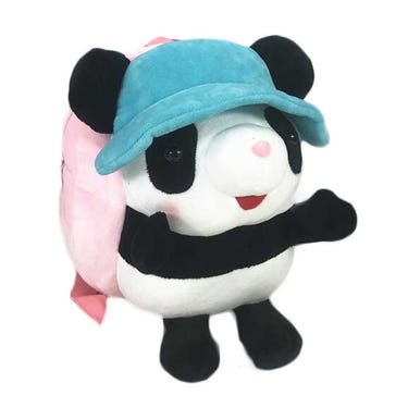 Blue Panda plush backpack for kids, perfect for travel, snacks, and school. Cute pink design, ideal accessory for little ones.