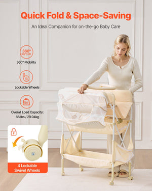 Baby Changing Table, Foldable Diaper Change Station with 2 Fabric Drawers, Side Basket & Hanging Rod, Adjustable Height Portable Changing Table with Lockable Wheels & 2 Star Toys, Light Beige