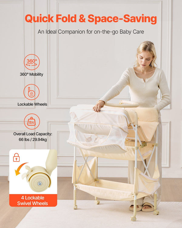 Baby Changing Table, Foldable Diaper Change Station with 2 Fabric Drawers, Side Basket & Hanging Rod, Adjustable Height Portable Changing Table with Lockable Wheels & 2 Star Toys, Light Beige