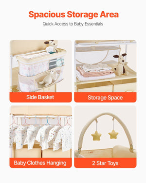 Baby Changing Table, Foldable Diaper Change Station with 2 Fabric Drawers, Side Basket & Hanging Rod, Adjustable Height Portable Changing Table with Lockable Wheels & 2 Star Toys, Light Beige