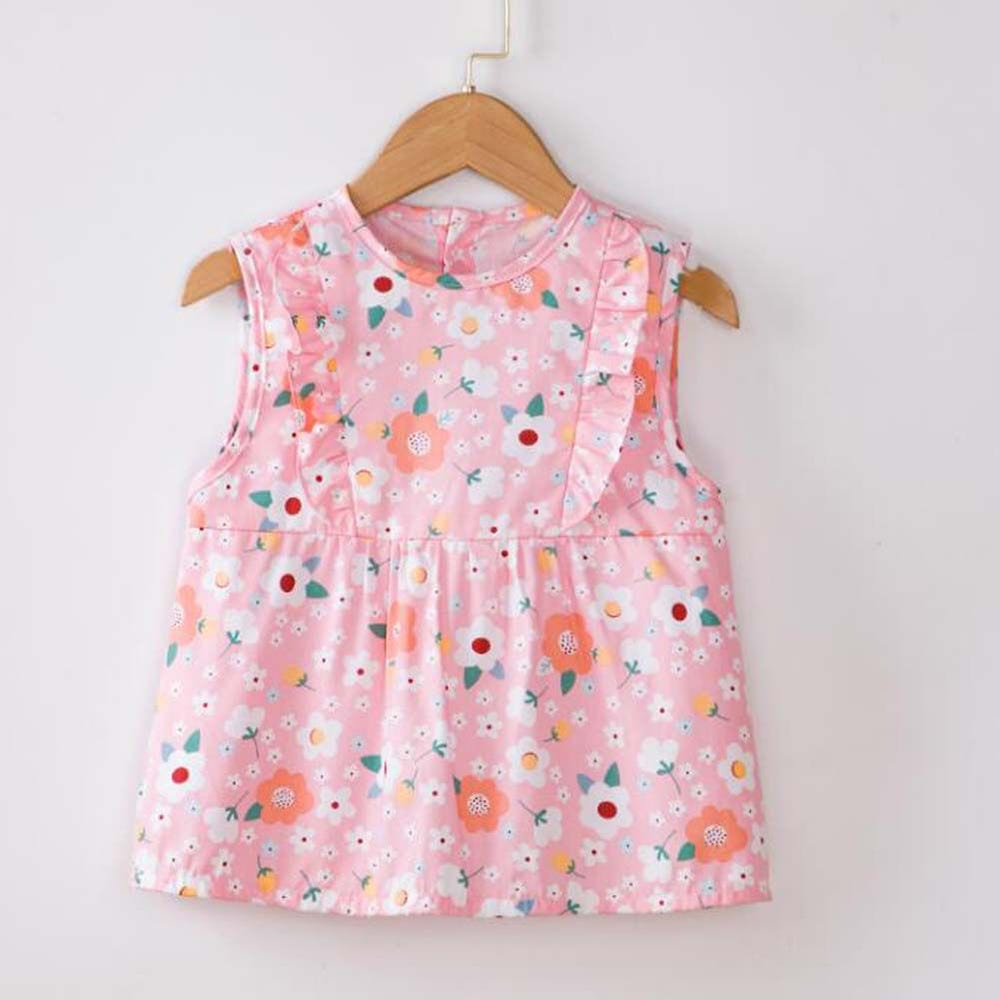 Pink Flora Baby's Waterproof Apron Smock for Girls - Sleeveless Bib for Mess-Free Eating.