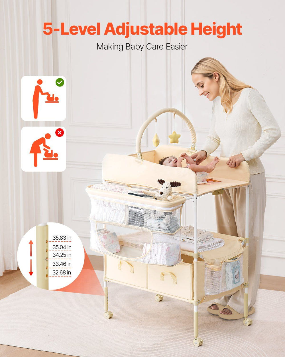 Light beige foldable baby changing table with drawers, side basket, hanging rod, adjustable height, and lockable wheels.