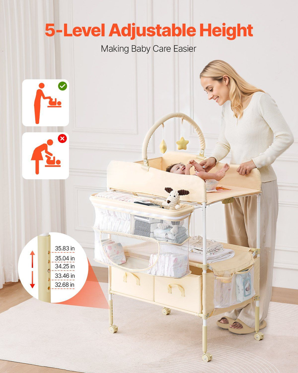 Light beige foldable baby changing table with drawers, side basket, hanging rod, adjustable height, and lockable wheels.