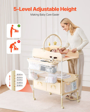 Baby Changing Table, Foldable Diaper Change Station with 2 Fabric Drawers, Side Basket & Hanging Rod, Adjustable Height Portable Changing Table with Lockable Wheels & 2 Star Toys, Light Beige