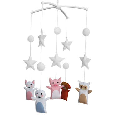 Handmade cute pig dog baby crib mobile for nursery decor, featuring musical elements for kids' rooms.