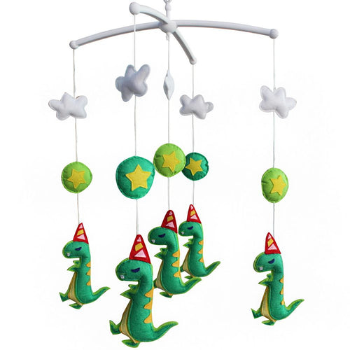 Handmade green dinosaur musical mobile for baby crib, perfect nursery decor and baby shower gift.