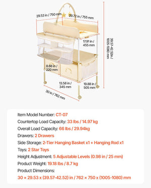 Baby Changing Table, Foldable Diaper Change Station with 2 Fabric Drawers, Side Basket & Hanging Rod, Adjustable Height Portable Changing Table with Lockable Wheels & 2 Star Toys, Light Beige