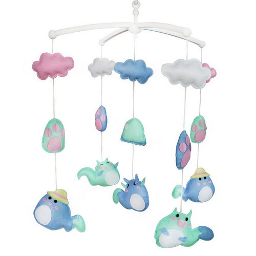Handmade blue-green squirrel musical crib mobile for boys and girls, perfect for nursery bedding and sleep.