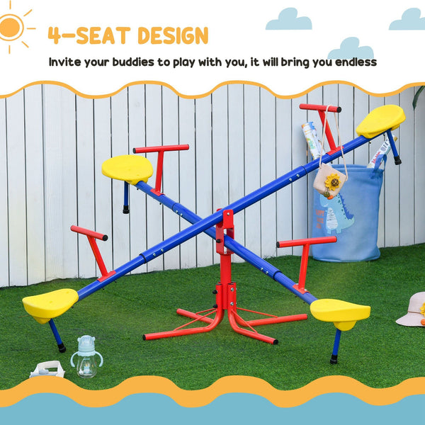 Outsunny Kids Seesaw Swivel Teeter Totter with 360° Spinning, 4 Seater Seesaw Outdoor Playground Equipment for Backyard, Boys and Girls Aged 3-8 Years Old