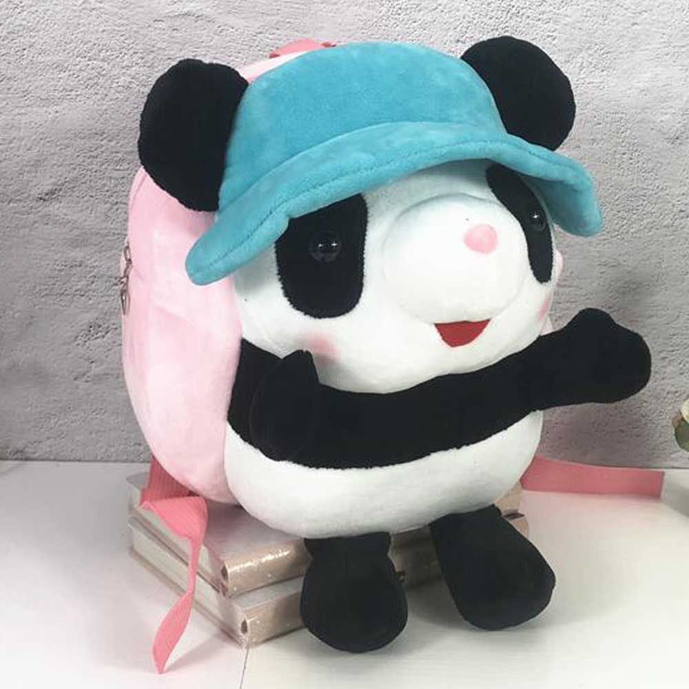 Blue Panda plush backpack for kids, perfect for travel, snacks, and school. Cute pink design, ideal accessory for little ones.