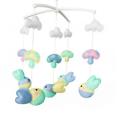 Handmade baby crib mobile with colorful hanging toys, perfect for nursery décor and baby bed accessories.