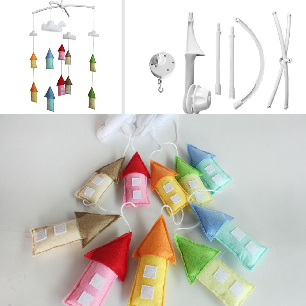 Handmade colorful baby crib mobile featuring houses, perfect for nursery decor and baby shower gifts.