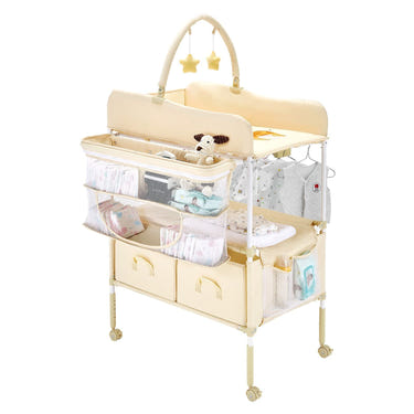 Light beige foldable baby changing table with drawers, side basket, hanging rod, adjustable height, and lockable wheels.