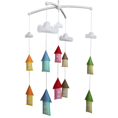 Handmade colorful baby crib mobile featuring houses, perfect for nursery decor and baby shower gifts.