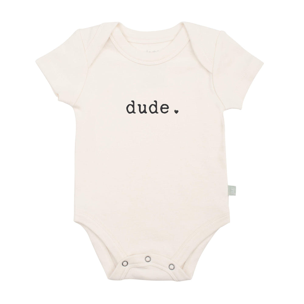 Graphic bodysuit for babies with "Dude" print, perfect for stylish short sleeve outfits.
