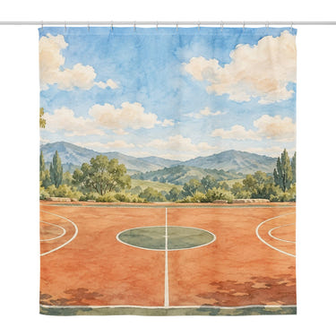 Open Basketball Court shower curtain, full front view of the 71 x 74 in fabric curtain