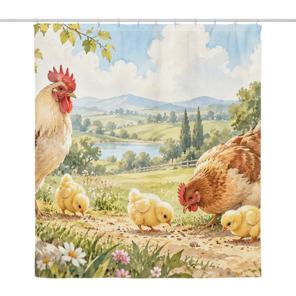 Chicks Field Farm shower curtain, full front view of the 71 x 74 in fabric curtain