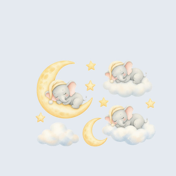 Sleeping Elephant Moon and Clouds Wall Decals, Set of 10, image 1