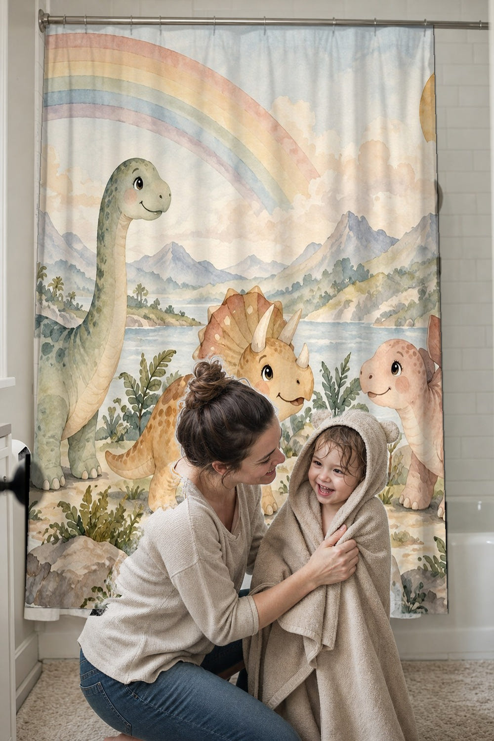 Rainbow Dinosaurs shower curtain, full front view of the 71 x 74 in fabric curtain