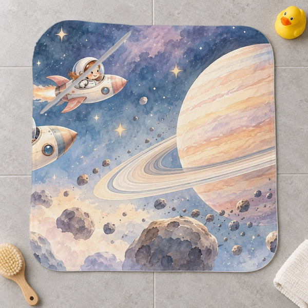 Space Explorers kids hooded bath towel laid flat