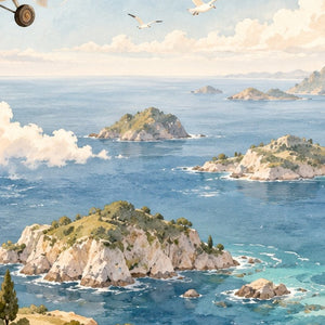 Coastal Explorer shower curtain, close up of the watercolor artwork