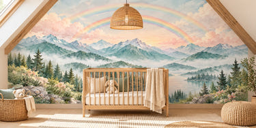 Watercolor Foggy Forest Rainbow Wall Mural, image 1