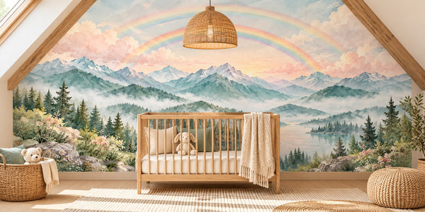 Watercolor Foggy Forest Rainbow Wall Mural, image 1
