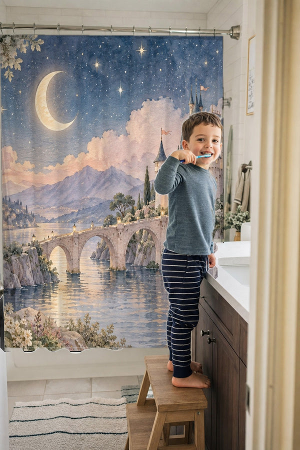 Child brushing teeth in a family bathroom with the Moonlit Castle Fairy Tale shower curtain
