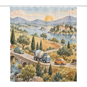 Vehicle Parade shower curtain, full front view of the 71 x 74 in fabric curtain