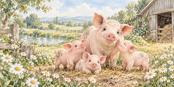 Watercolor Piglet Family Farm Wall Mural, image 3