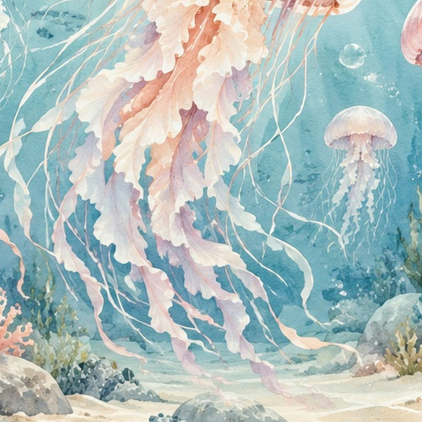 Jellyfish Garden Ocean shower curtain, close up of the watercolor artwork